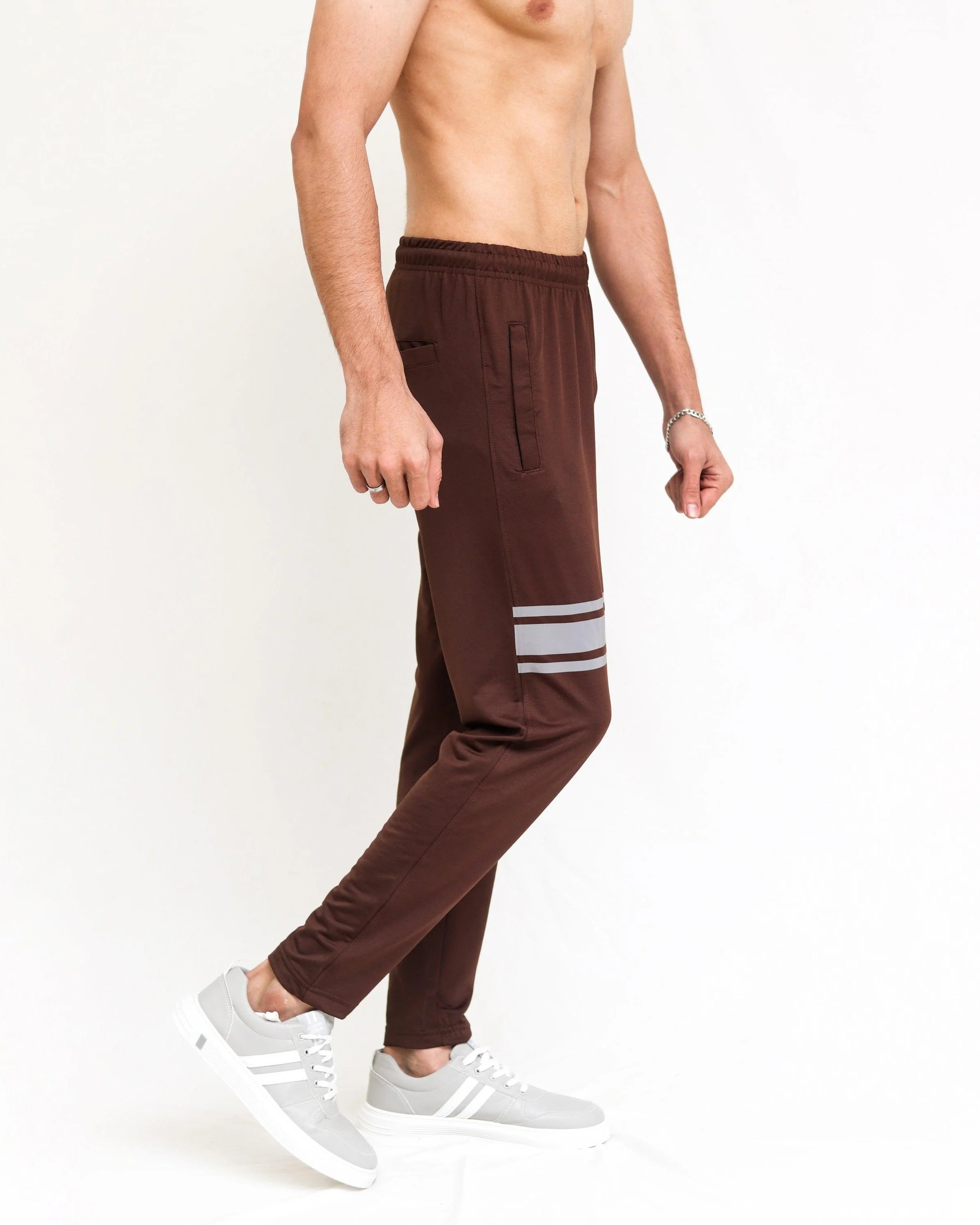 Brown Lycra Quick Dry Trouser with Three Stripes - Image 3