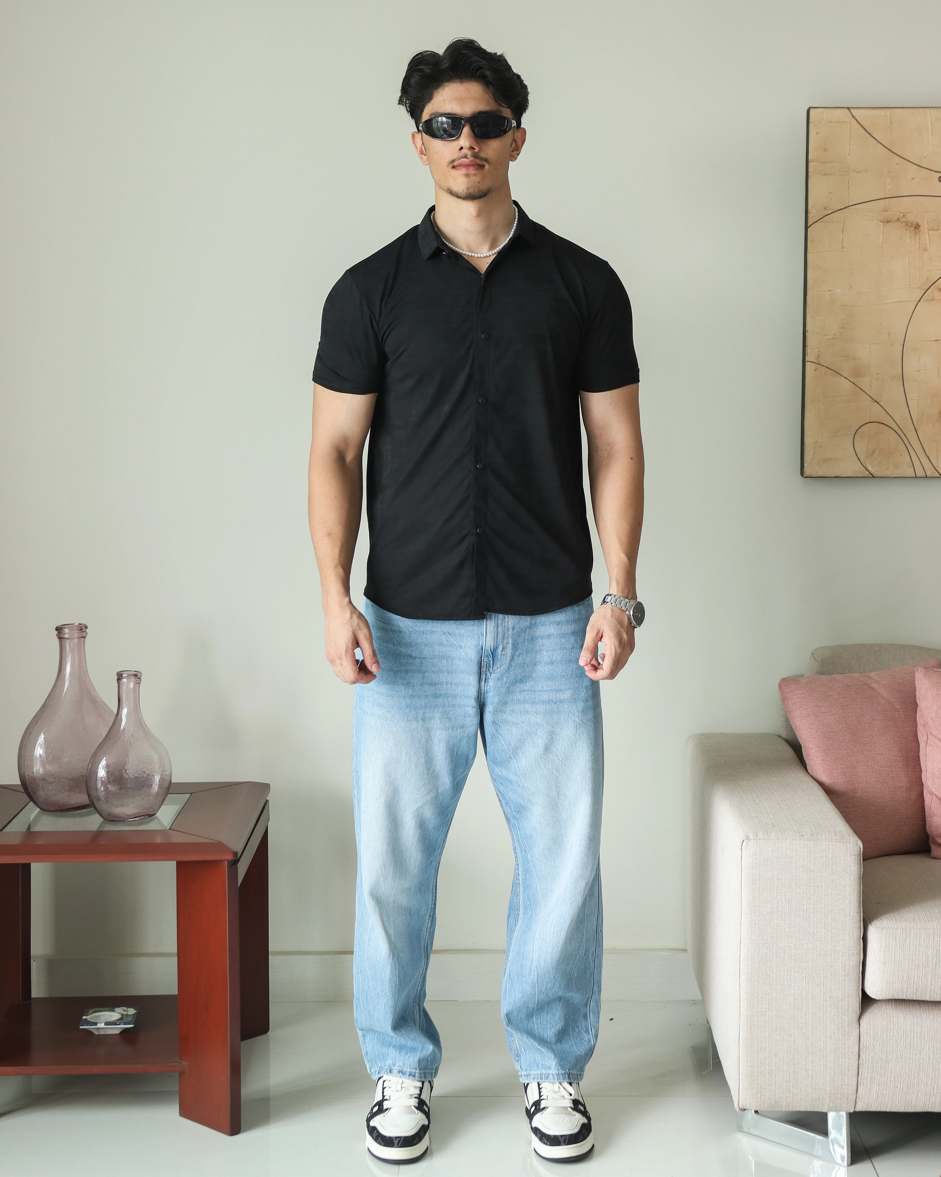 Imported Lycra Textured Shirt - Black - Image 3