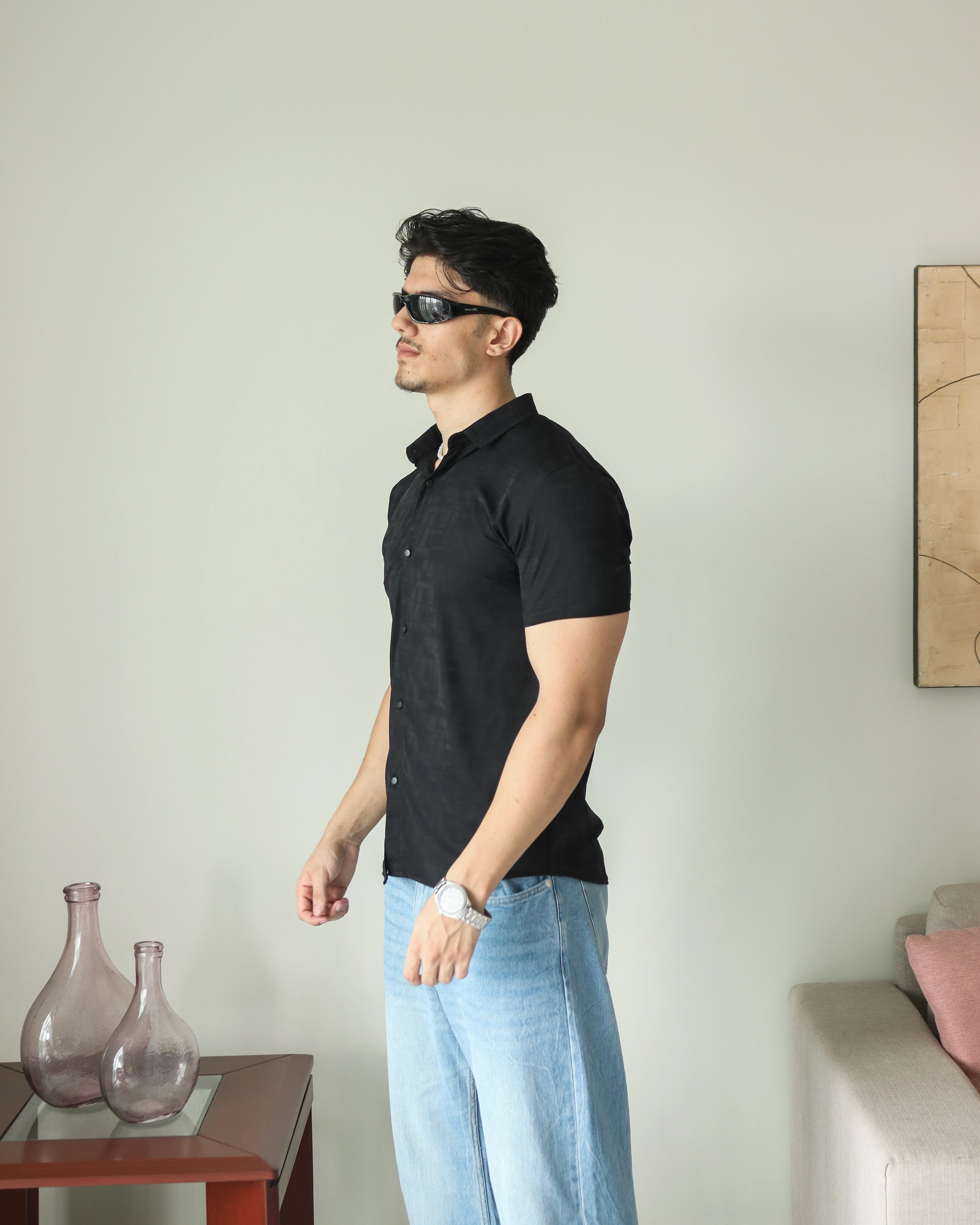 Imported Lycra Textured Shirt - Black - Image 5