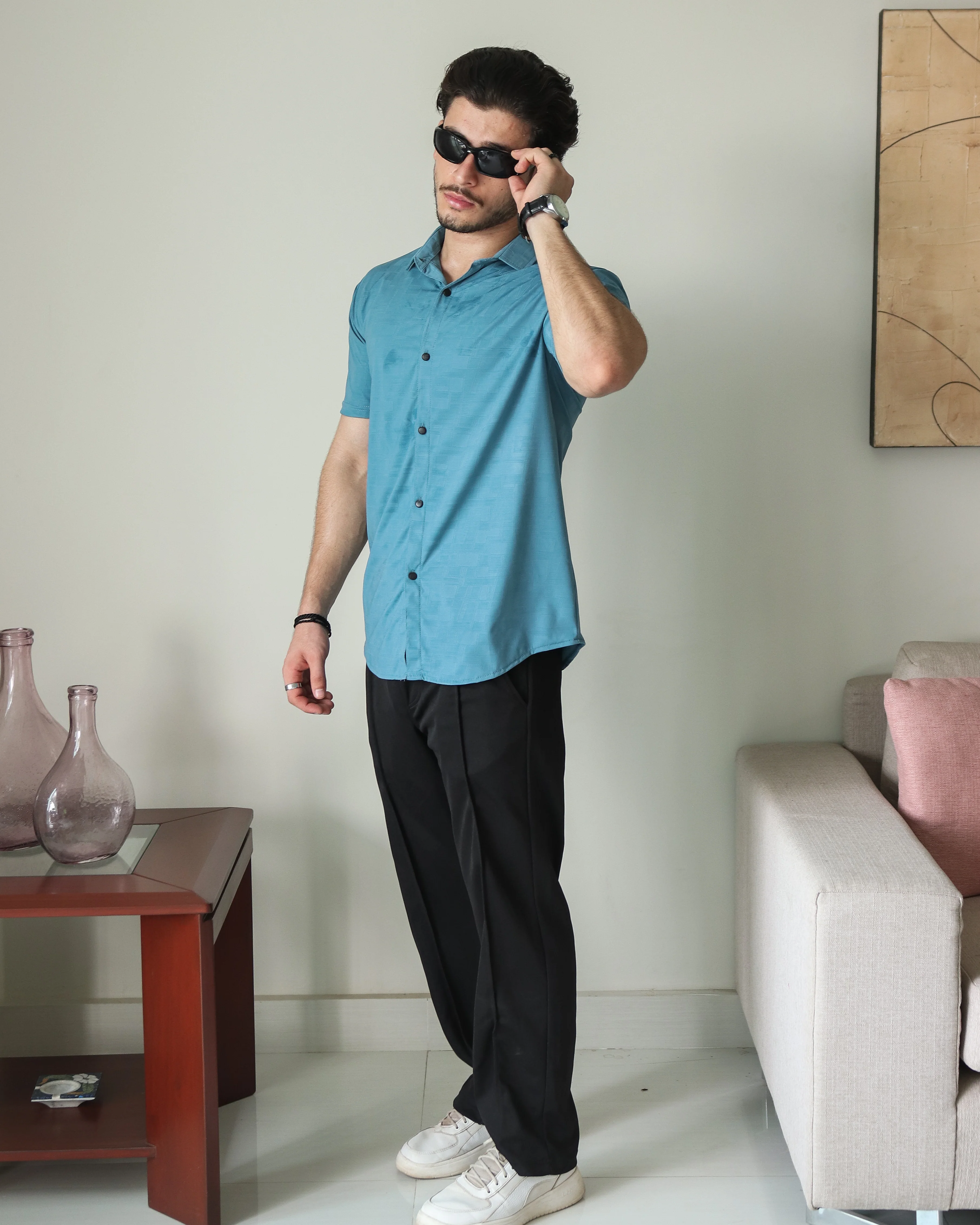 Imported Lycra Textured Shirt - Crystal Teal - Image 4