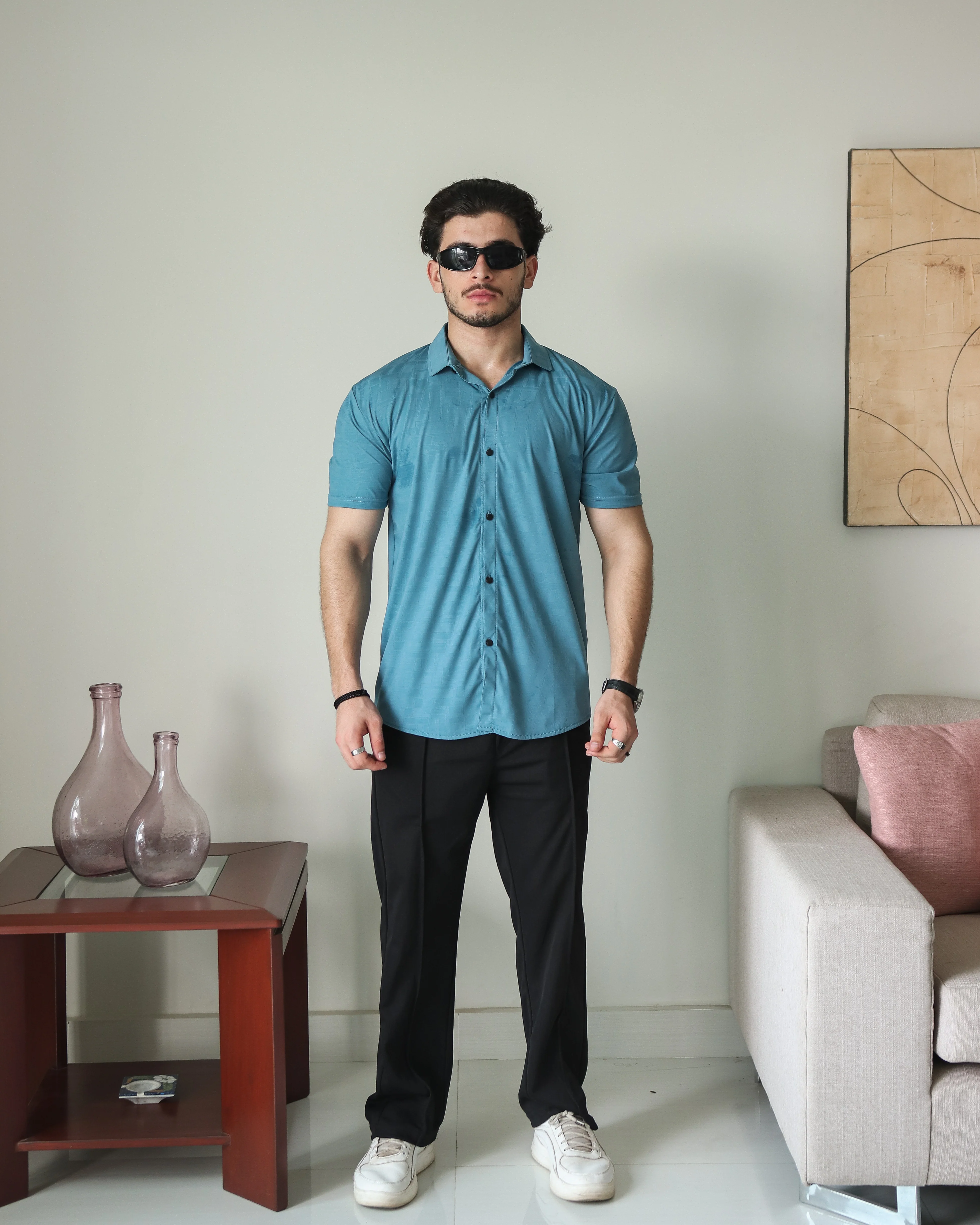 Imported Lycra Textured Shirt - Crystal Teal - Image 5