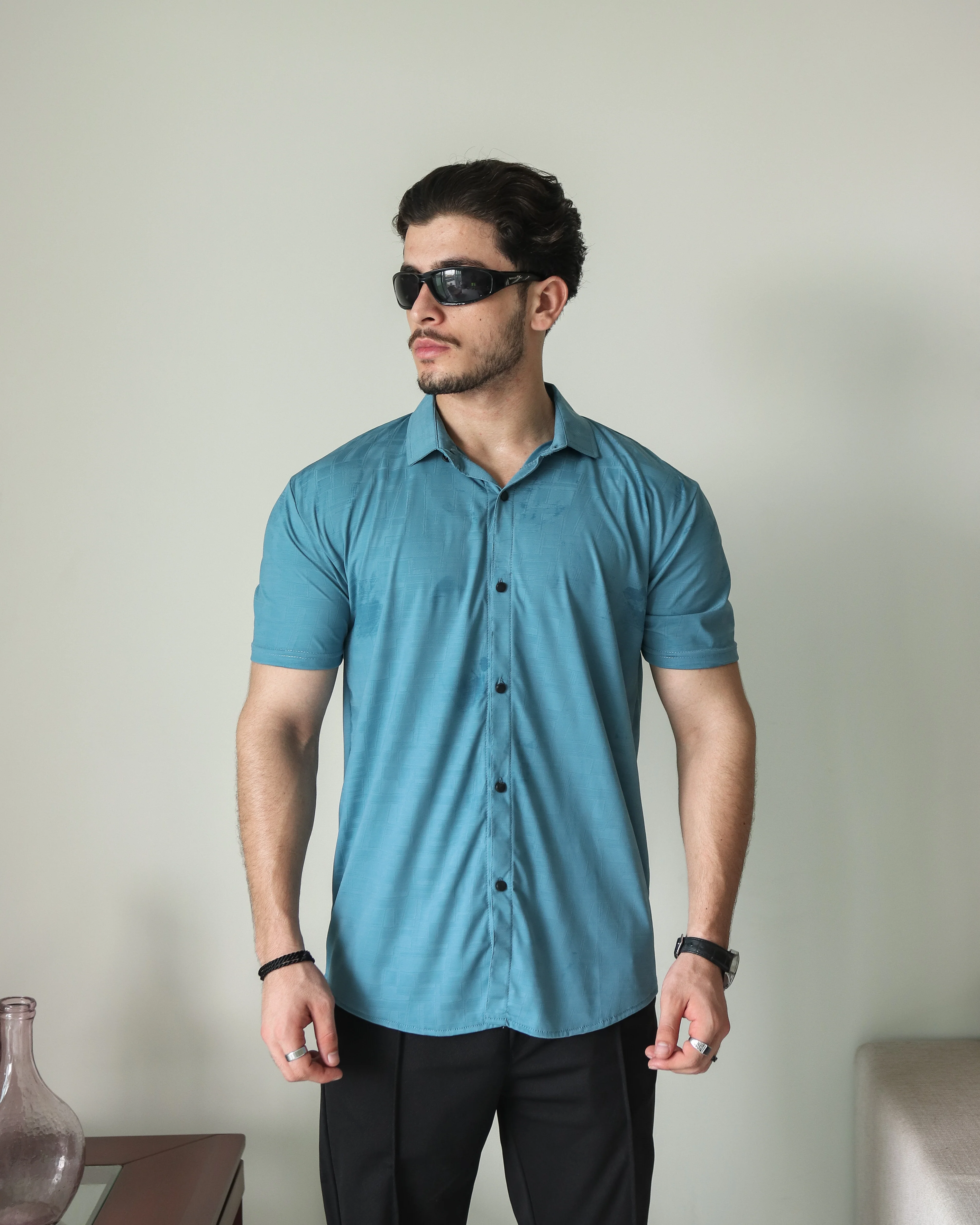 Imported Lycra Textured Shirt - Crystal Teal - Image 6