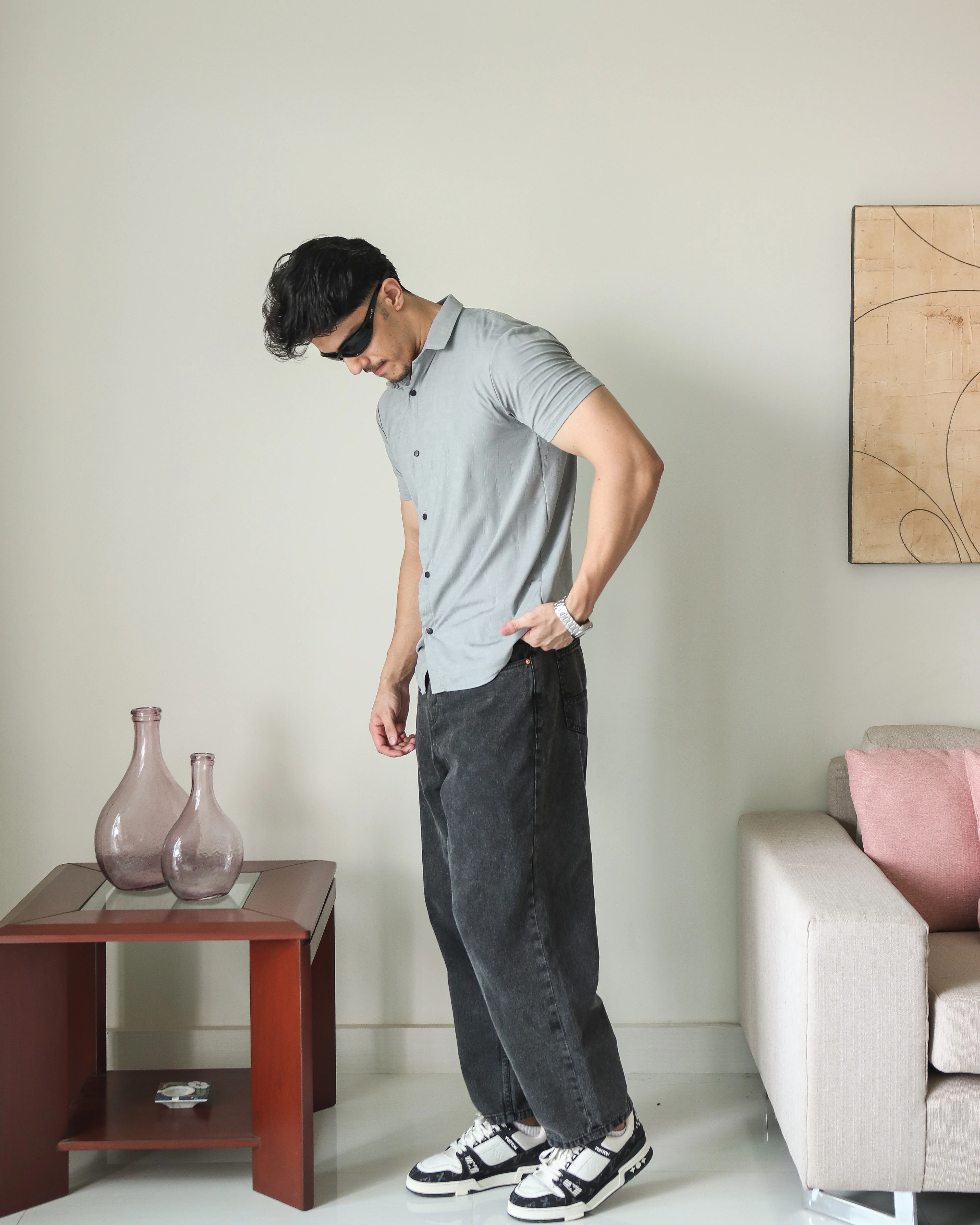 Imported Lycra Textured Shirt - Steel Grey - Image 3