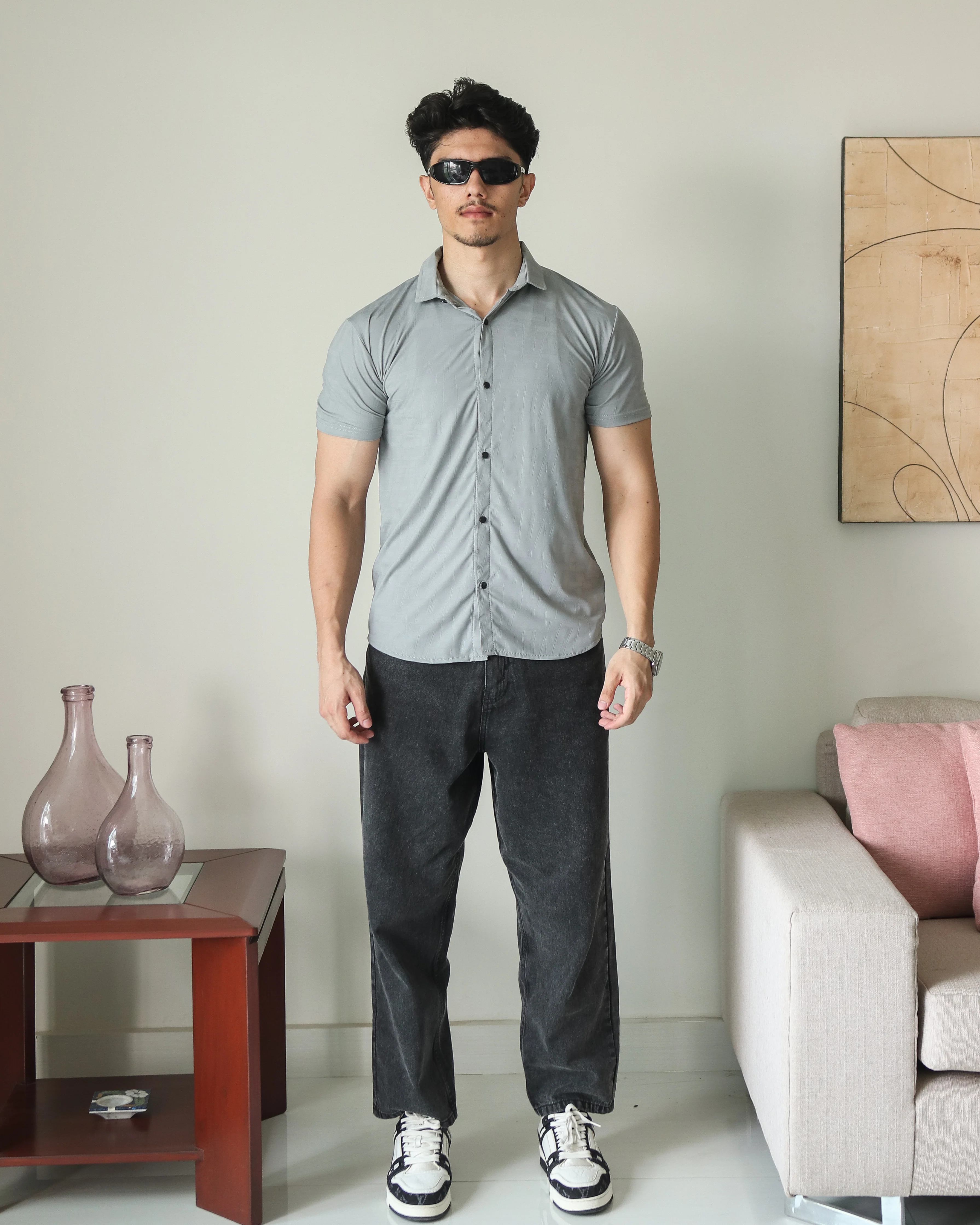 Imported Lycra Textured Shirt - Steel Grey - Image 5