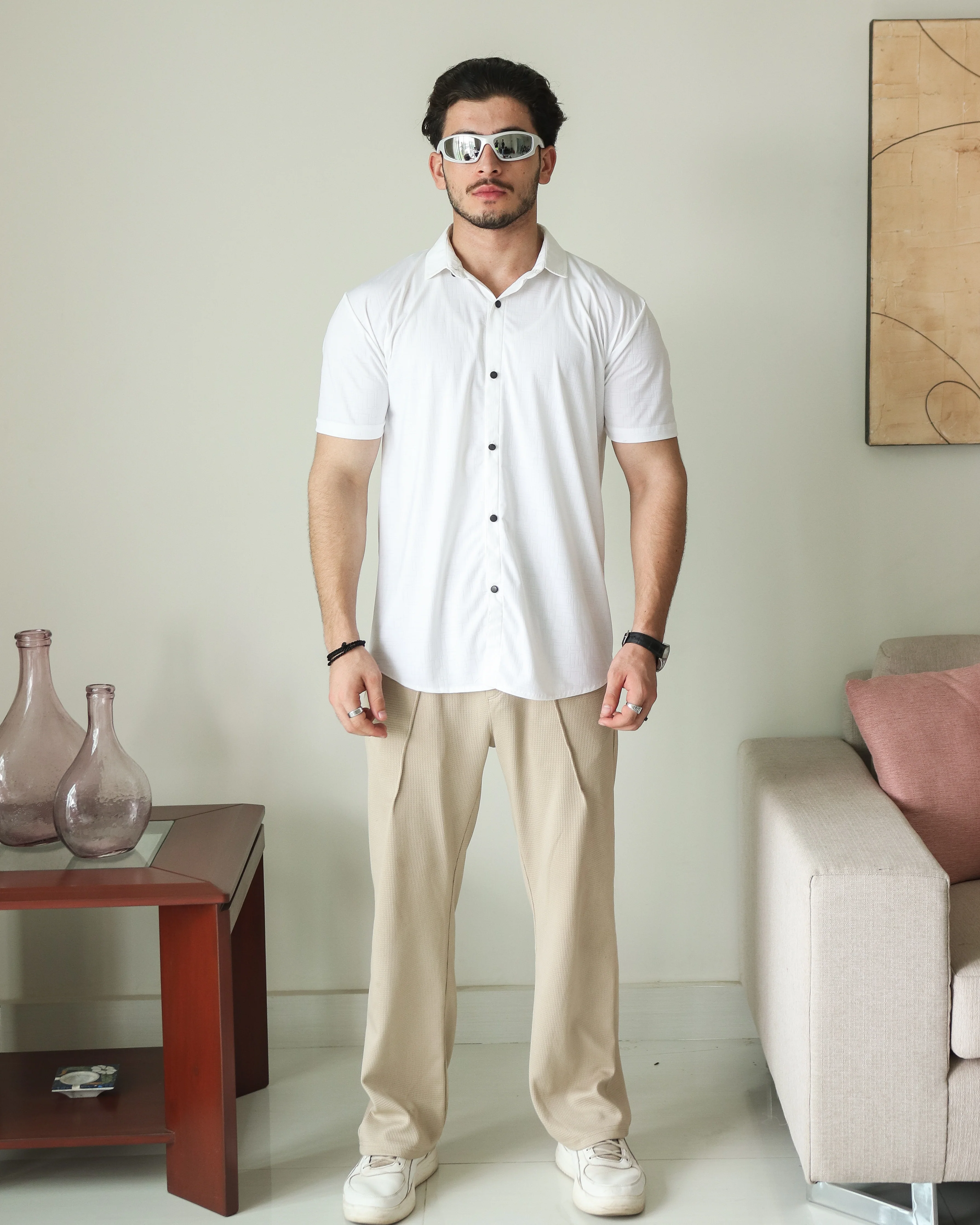 Imported Lycra Textured Shirt - White - Image 4