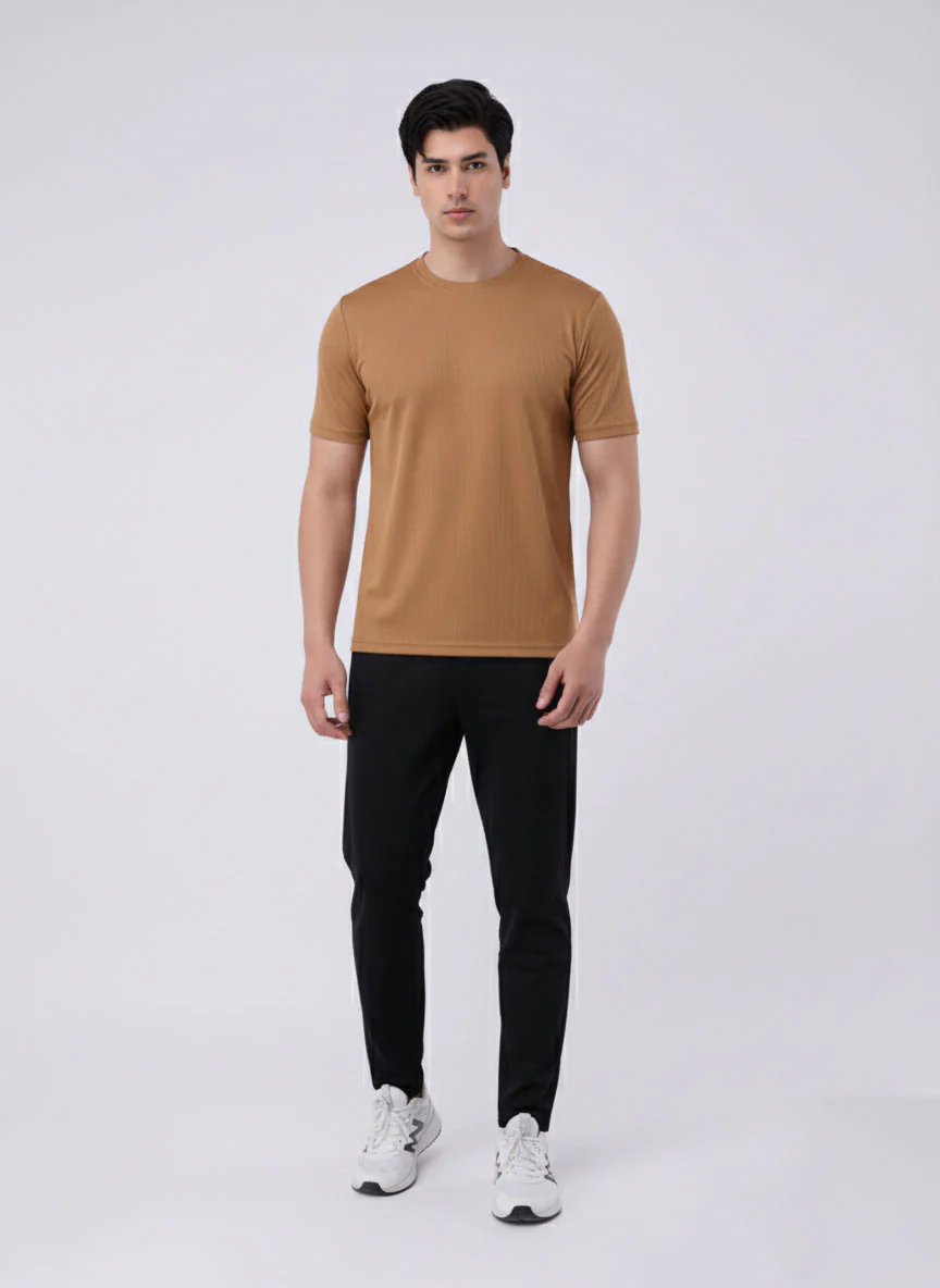 Imported Lycra Textured Tee - Camel Brown - Image 3