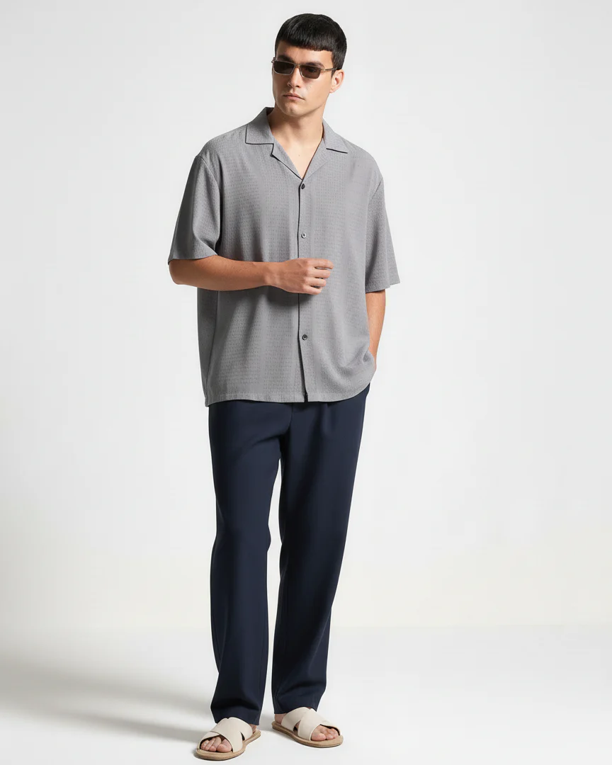 Oversize Dotted Textured Shirt - Light Grey - Image 3