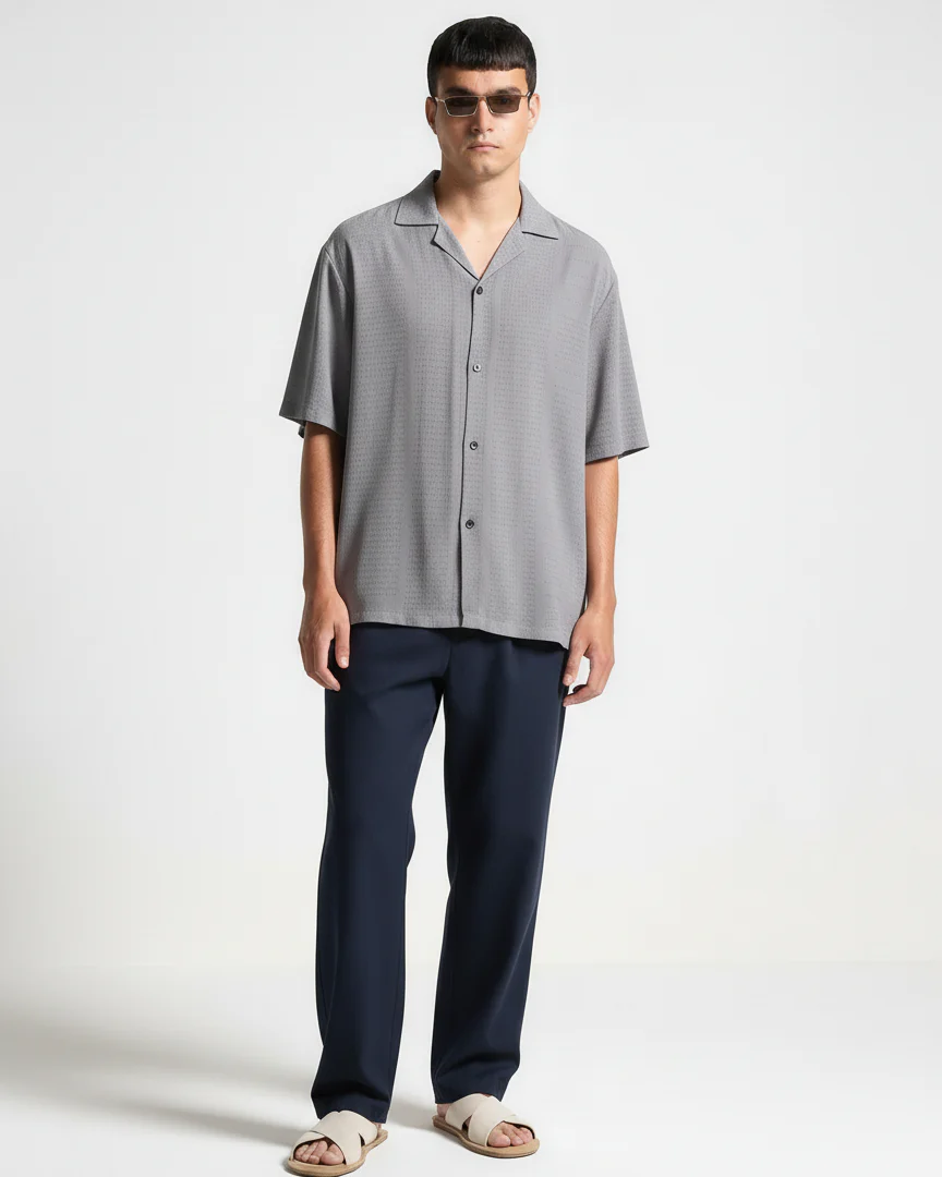 Oversize Dotted Textured Shirt - Light Grey - Image 4