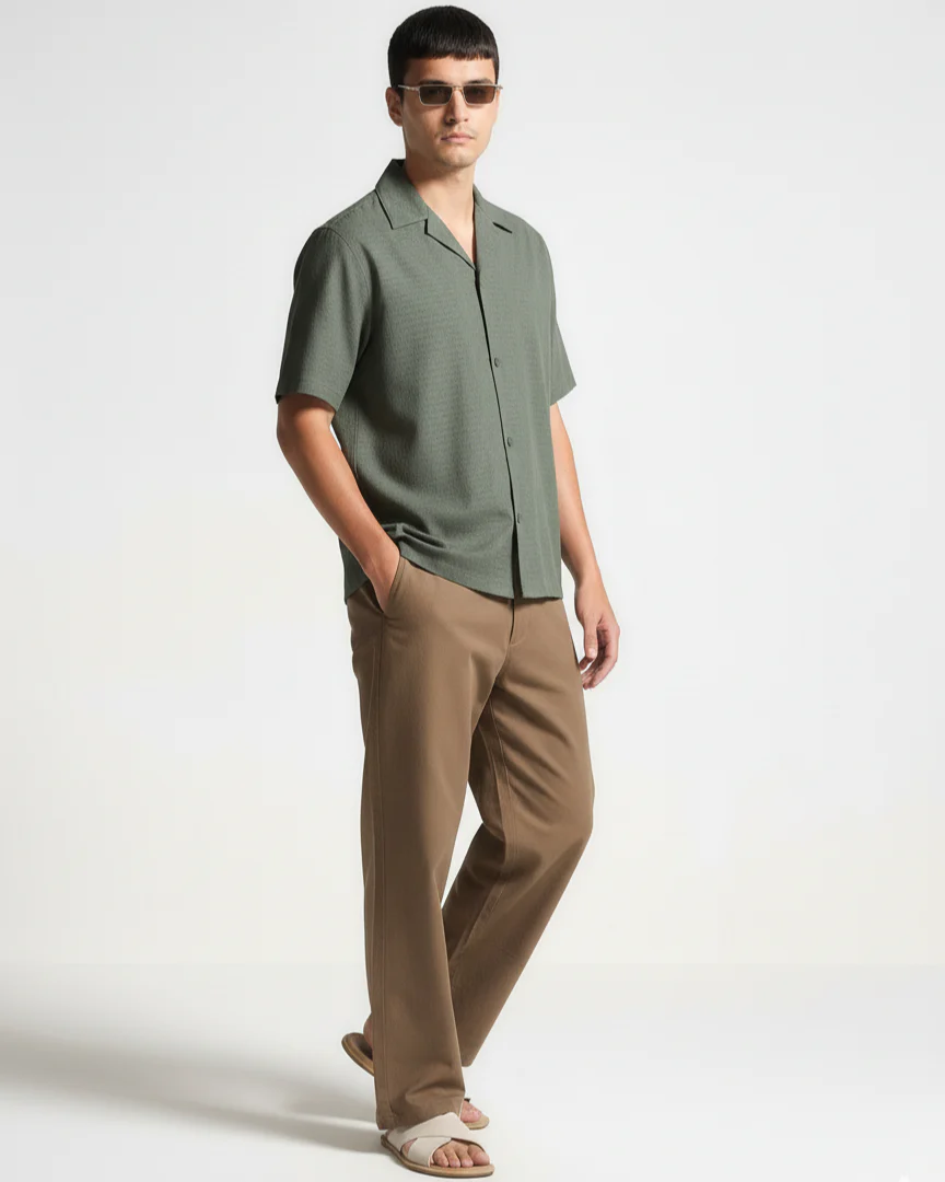 Oversize Dotted Textured Shirt - Military Green - Image 3