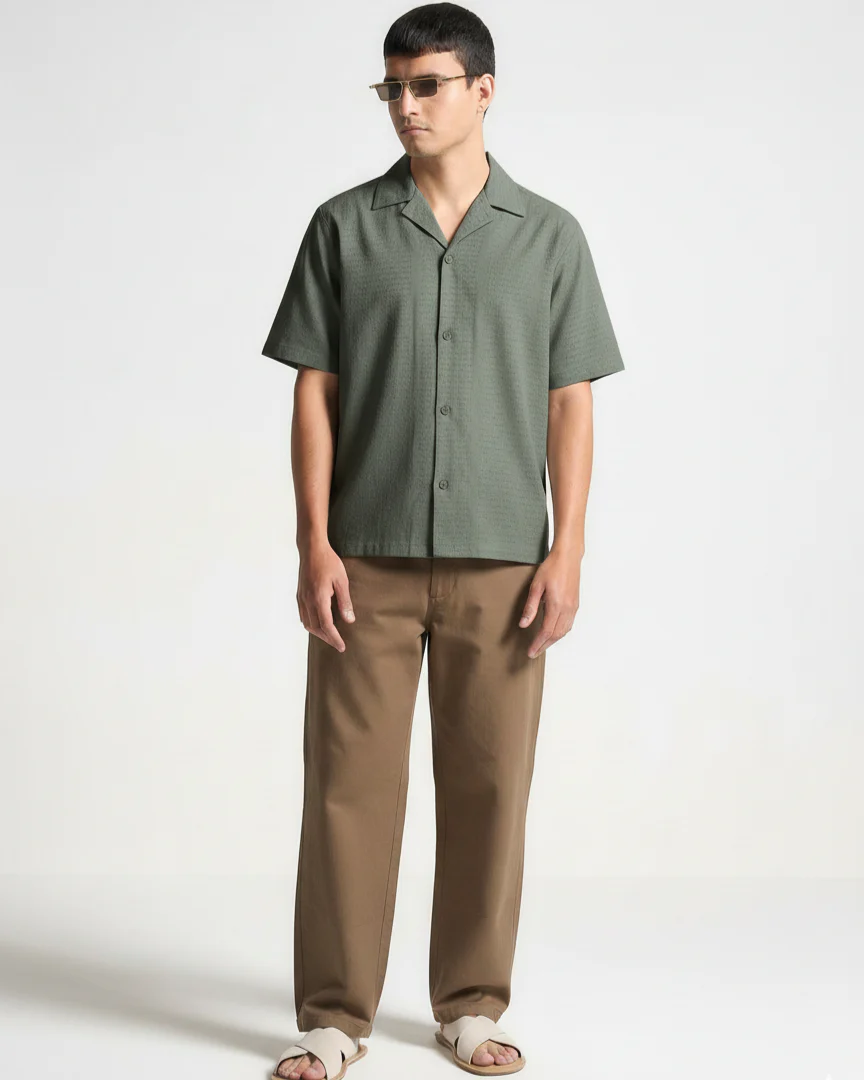 Oversize Dotted Textured Shirt - Military Green - Image 4