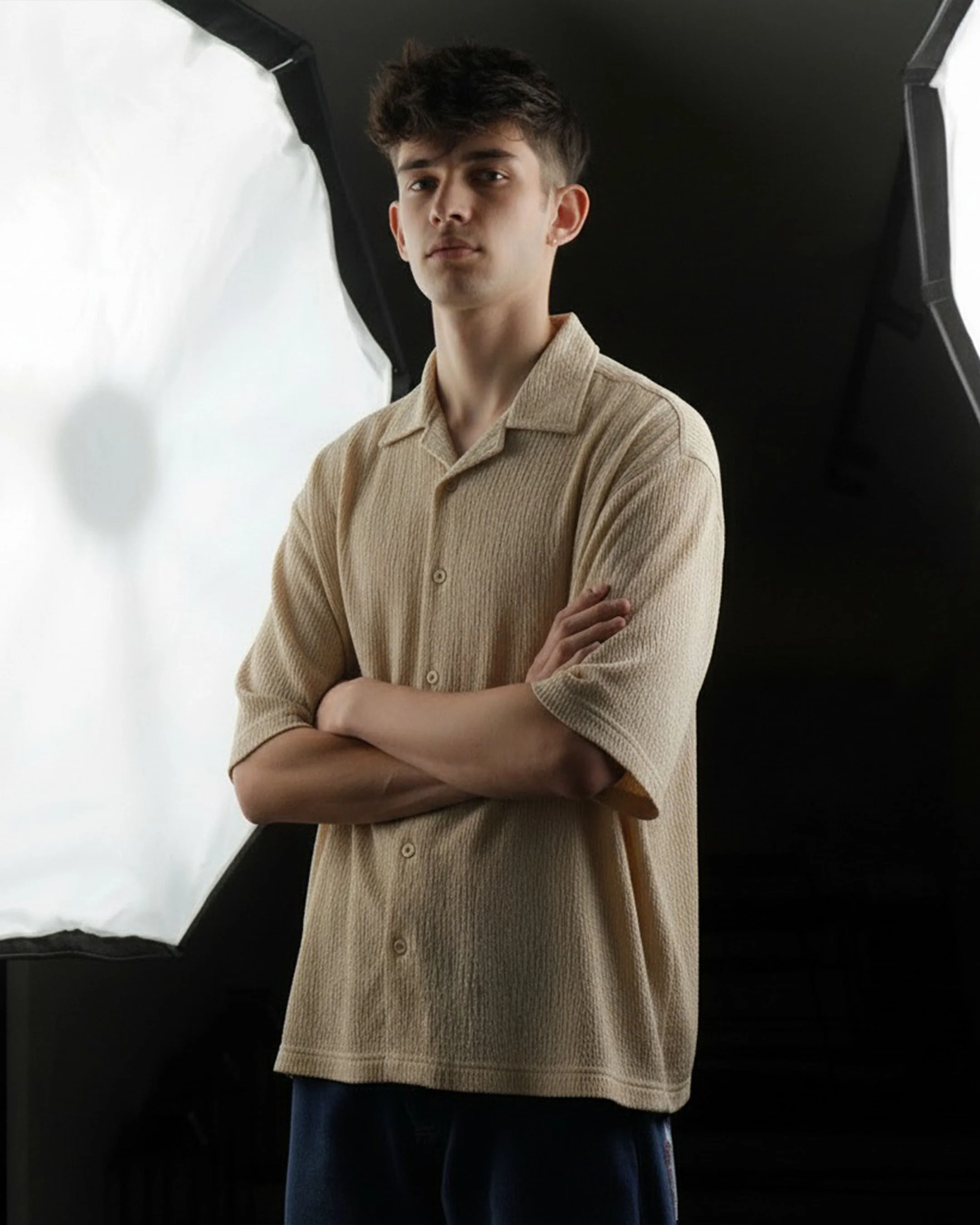 Oversize Woven Lycra Shirt - Beige - Image 3