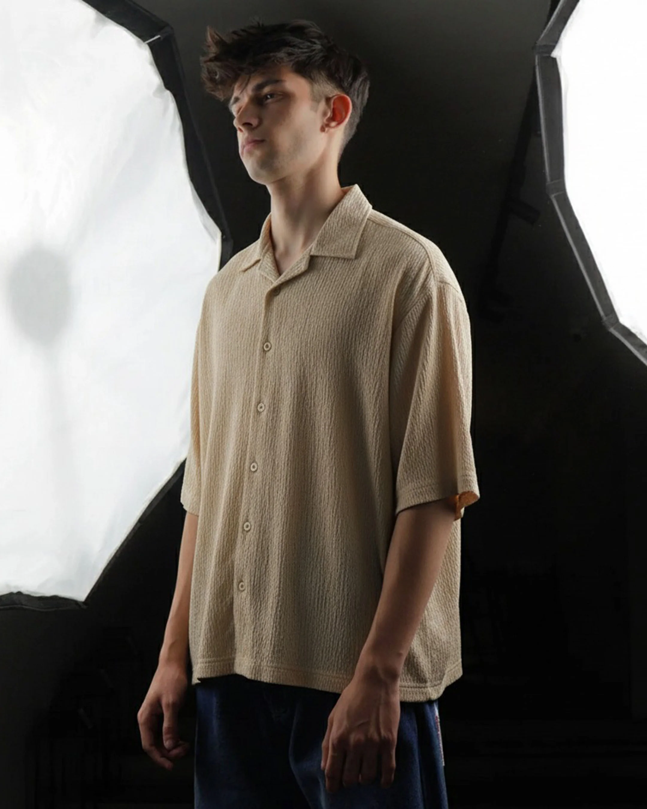 Oversize Woven Lycra Shirt - Beige - Image 5