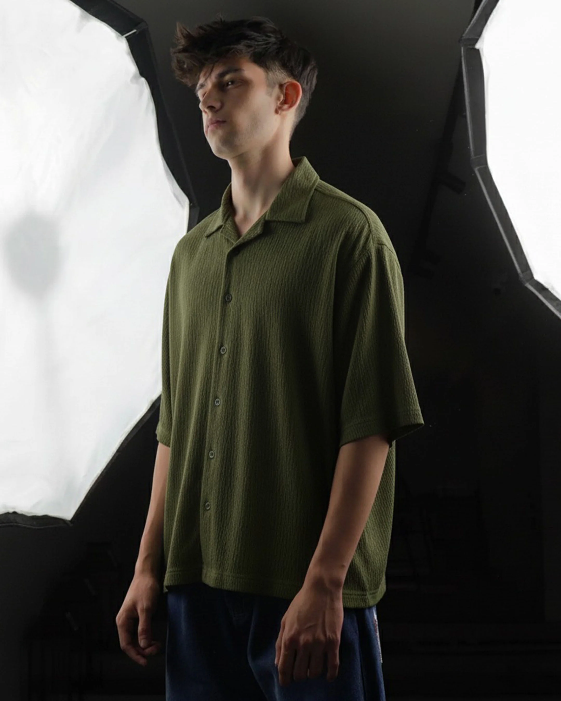 Oversize Woven Lycra Shirt - Olive - Image 3