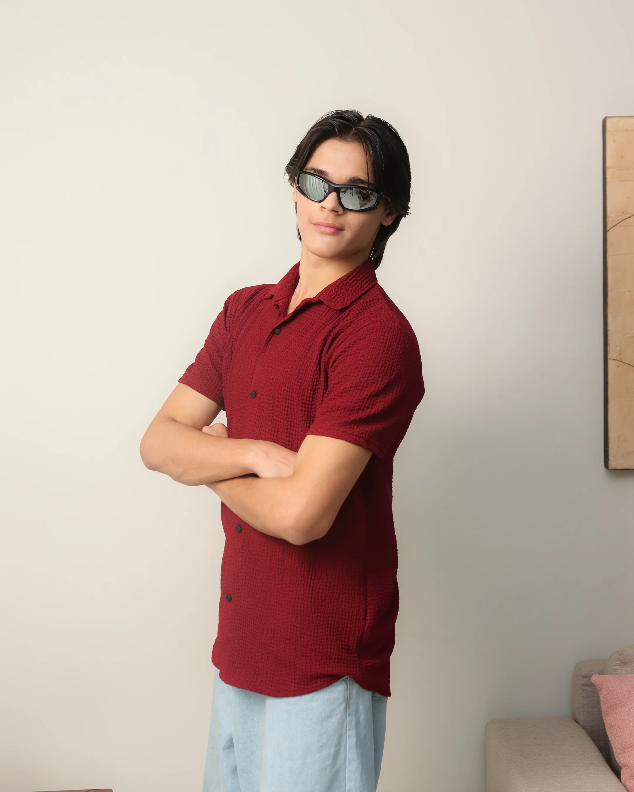 Woven Lycra Shirt - Maroon - Image 3