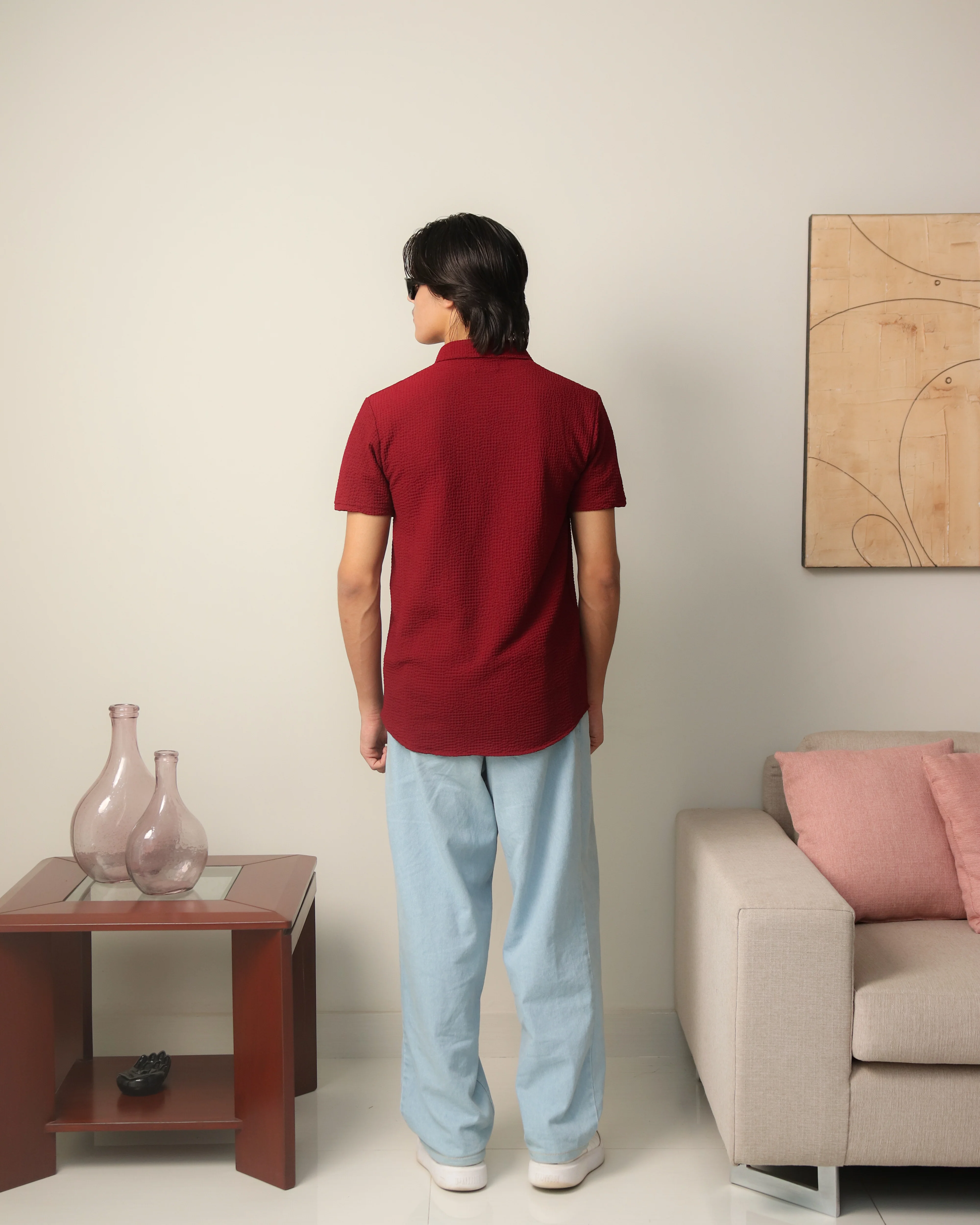 Woven Lycra Shirt - Maroon - Image 6