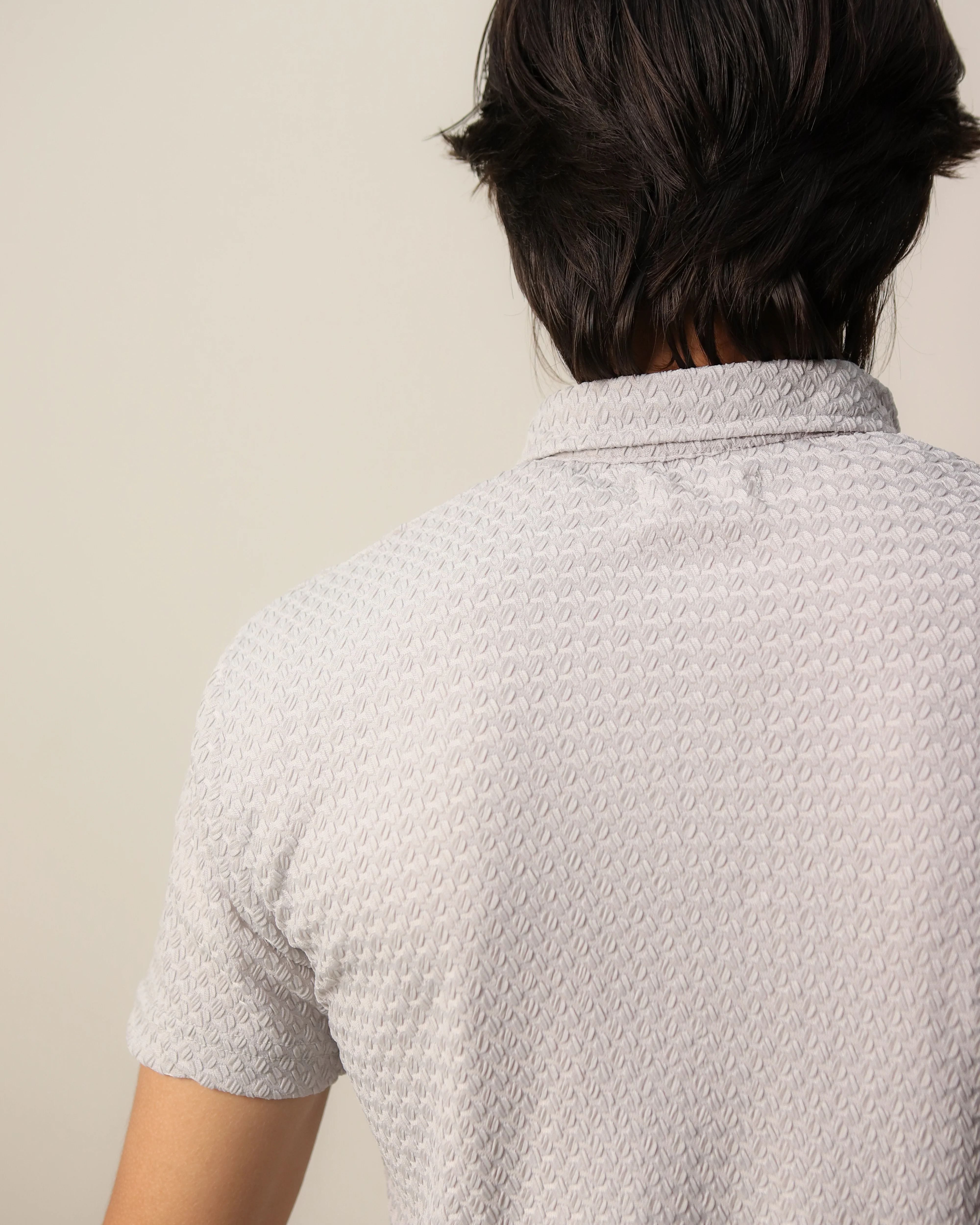 Woven Textured Lycra Polo - Light Grey - Image 4