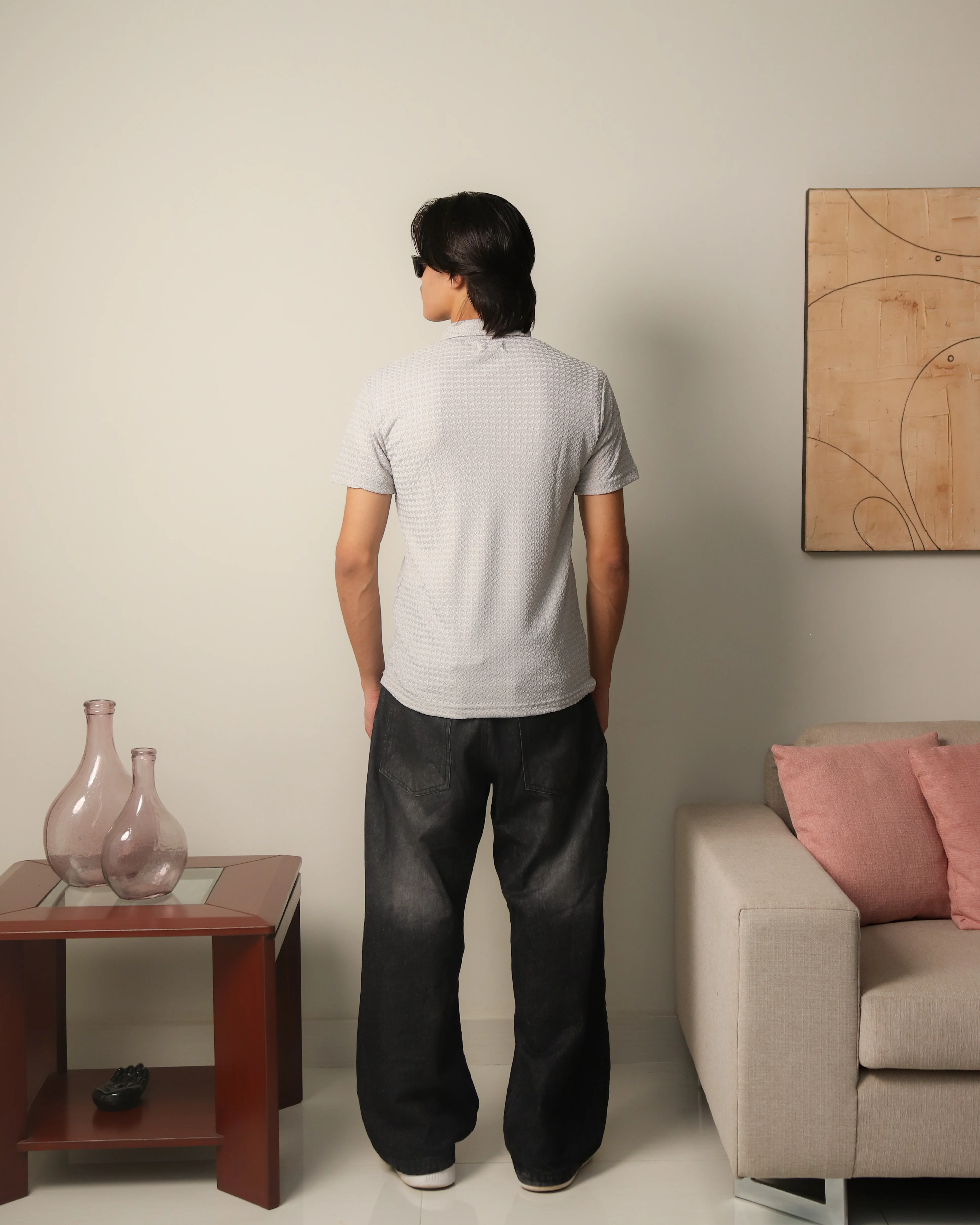 Woven Textured Lycra Polo - Light Grey - Image 7